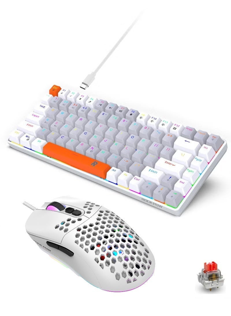 روك بو مجموعة لوحة مفاتيح وماوس ميكانيكية للألعاب مع إضاءة خلفية RGB LED، استجابة سريعة، سلكية USB، مقاومة للماء، 84 مفتاحًا، تصميم مريح وخفيف الوزن للغاية، مستشعر بصري بدقة 12800 نقطة في البوصة، متوافقة مع أنظمة ويندوز/ماك/أندرويد والكمبيوتر الشخصي. - Image 1