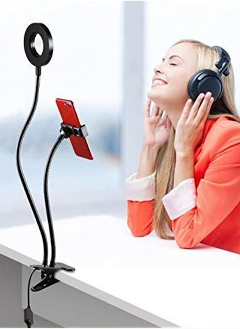 LOOPITYS - Selfie Ring Light with Gooseneck Stand & Phone Holder, 3 Color 10-Level Dimmable LED Desk Lamp with Clamp, Clip-on Lights with Flexible Arm for Selfie, Web Conference, Live-Streaming, Reading and More - Image 1