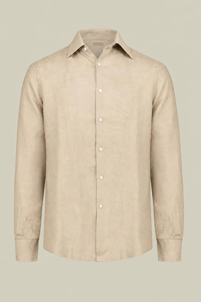 دوبل غانغر Men's 100% Linen Button-Down Shirt - LT Beige