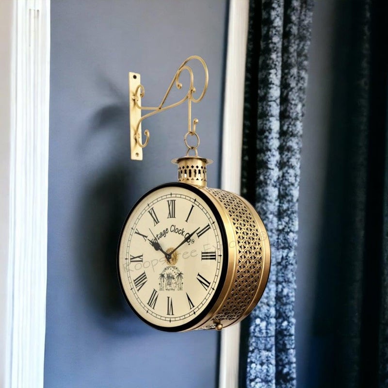 Vintage Clock Handcrafted Double Side Clock with Roman Numbers 1 Year Warranty 12 Inches Size Brass Finish Totem Jali Design - Image 1