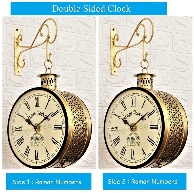 Vintage Clock Handcrafted Double Side Clock with Roman Numbers 1 Year Warranty 12 Inches Size Brass Finish Totem Jali Design - Image 2