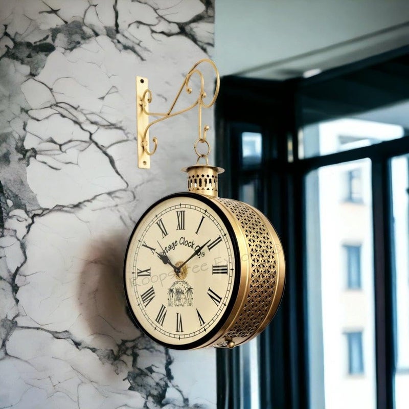 Vintage Clock Handcrafted Double Side Clock with Roman Numbers 1 Year Warranty 12 Inches Size Brass Finish Totem Jali Design - Image 5