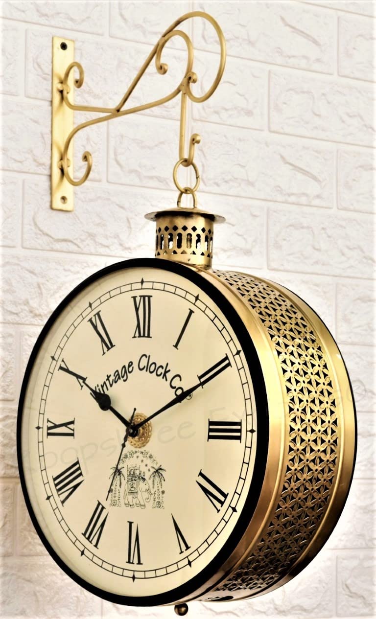 Vintage Clock Handcrafted Double Side Clock with Roman Numbers 1 Year Warranty 12 Inches Size Brass Finish Totem Jali Design - Image 3