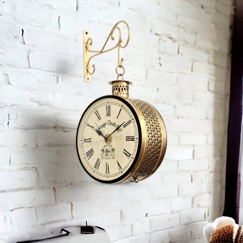 Vintage Clock Handcrafted Double Side Clock with Roman Numbers 1 Year Warranty 12 Inches Size Brass Finish Totem Jali Design - Image 4