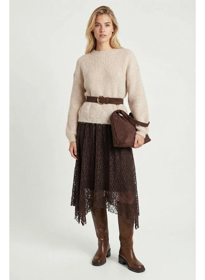 Lovely Istanbul Lace-Detail Asymmetric Midi Skirt LMC0087 BROWN