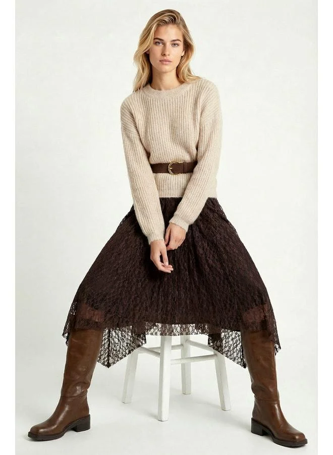 Lovely Istanbul Lace-Detail Asymmetric Midi Skirt LMC0087 BROWN