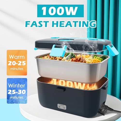 COZYEXPERT ElectricLunchBoxHeatedFoodWarmer 100W Heating Lunchbox for Adults 18L Portable Food Heater for WorkCar 12V24V110230V Lonchera Elctrica Porttil with Fork Spoon GrayBlue - Image 3