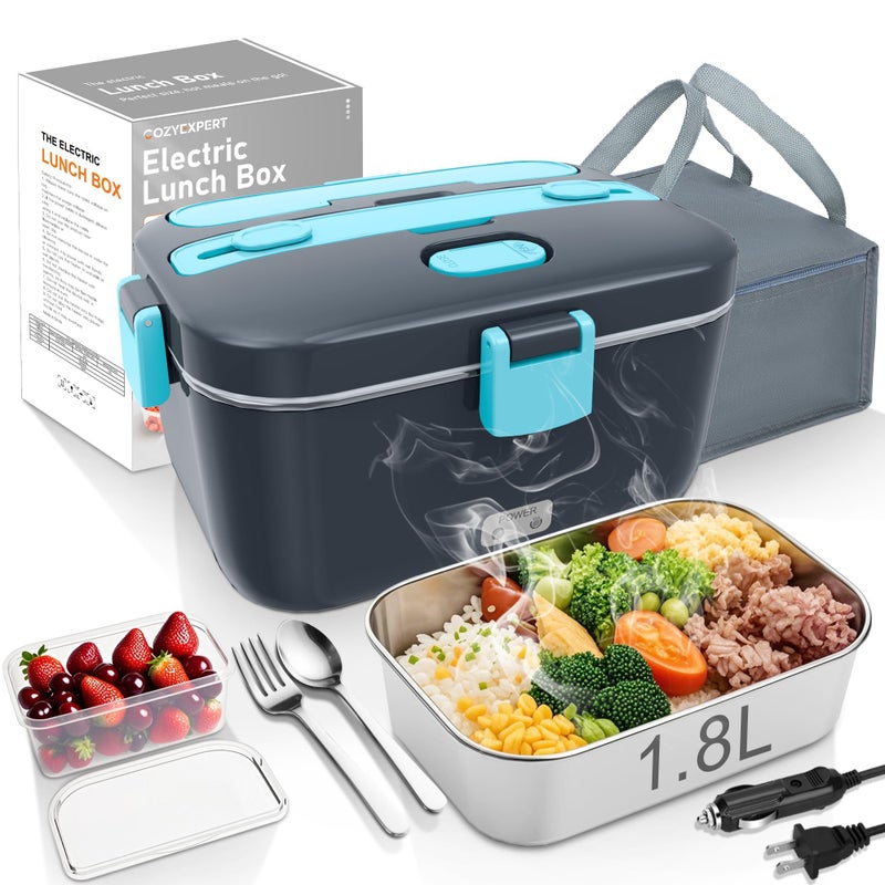 COZYEXPERT ElectricLunchBoxHeatedFoodWarmer 100W Heating Lunchbox for Adults 18L Portable Food Heater for WorkCar 12V24V110230V Lonchera Elctrica Porttil with Fork Spoon GrayBlue - Image 2