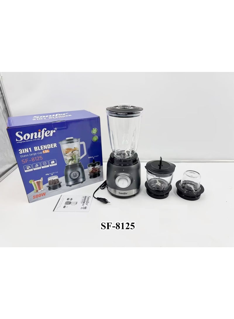 Sonifer 500W 3-in-1 Blender with 1.5L Glass Mixing Jar, Mini Chopper and Dry Mill Grinder, Powerful Motor, Durable Stainless Steel Blades, Ideal for Blending Fruits, Vegetables, Spices and Coffee Beans - Image 4