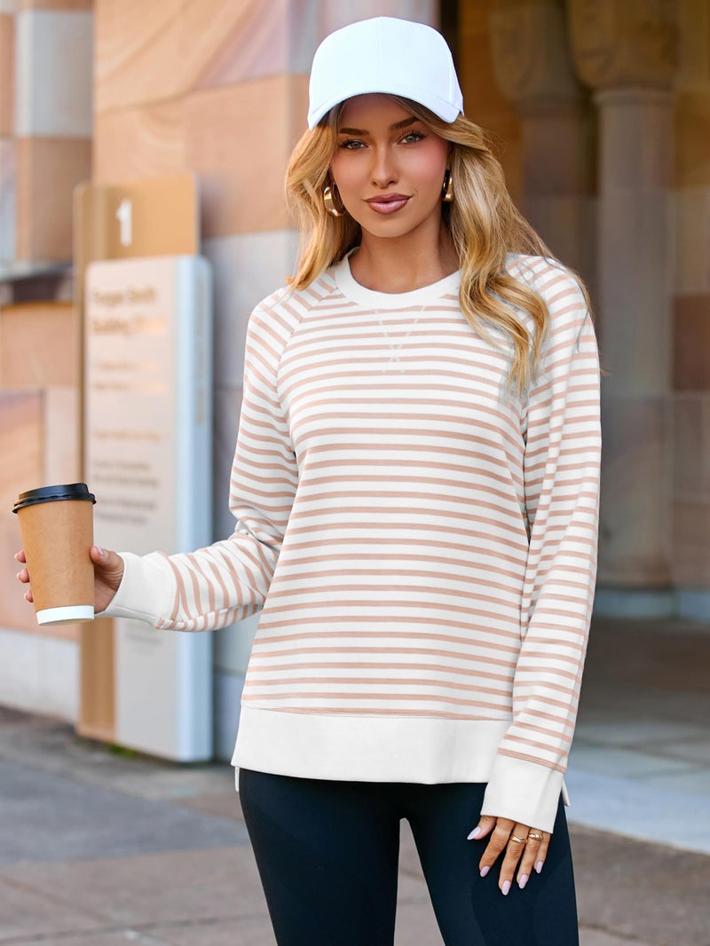 Glamaker Womens Long Sleeve Sweatshirt Crewneck Striped Sweatshirts Fall Tops Trendy Pullover Light Khaki M - Image 3