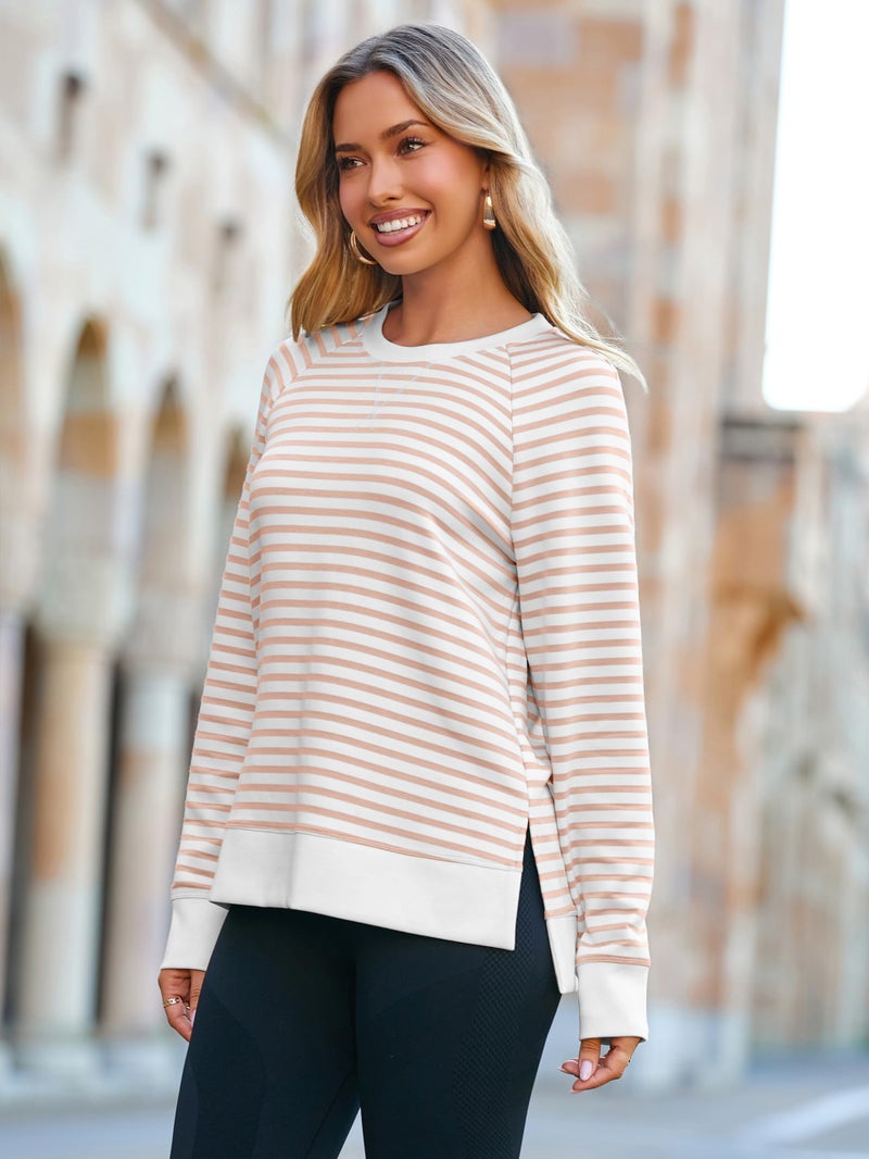 Glamaker Womens Long Sleeve Sweatshirt Crewneck Striped Sweatshirts Fall Tops Trendy Pullover Light Khaki M - Image 5