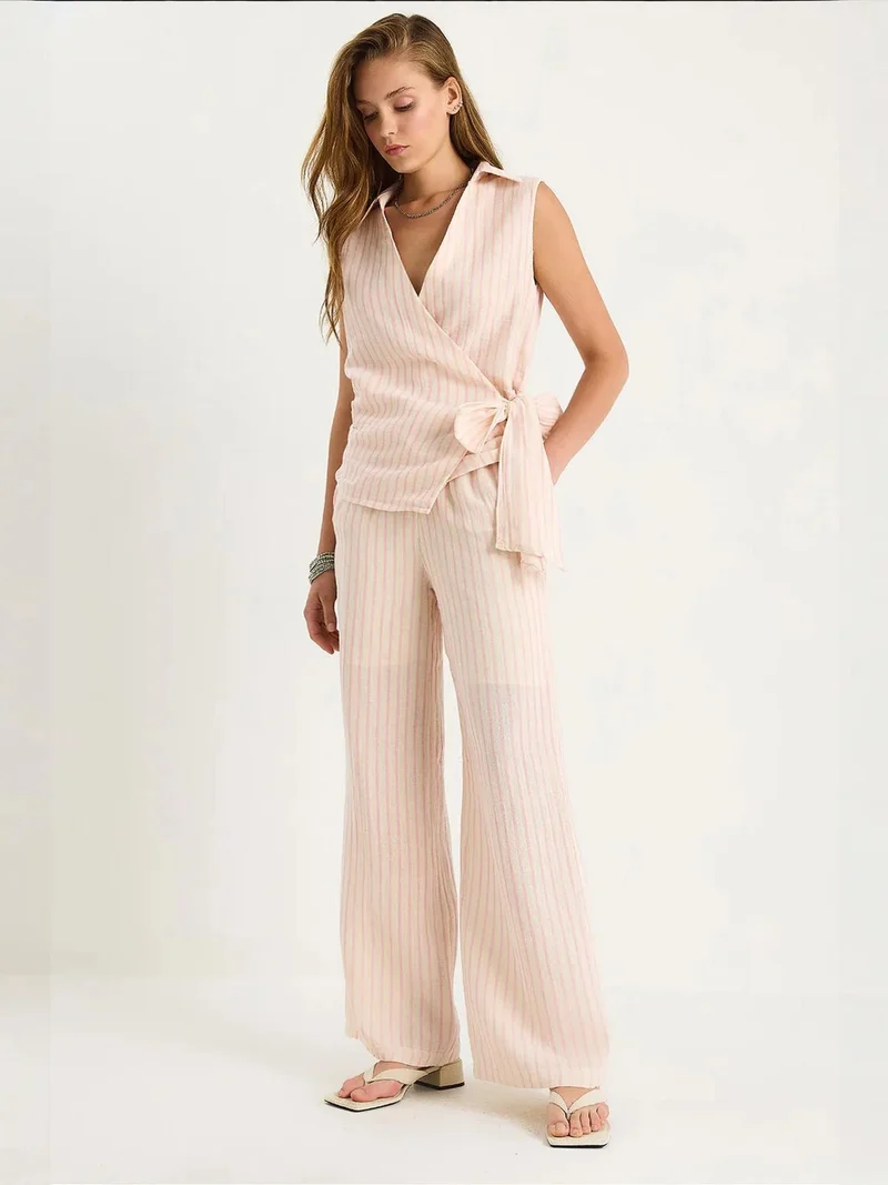 LUCCI Striped V-Neck Buttoned High Waist Wide Leg Two-Piece Set