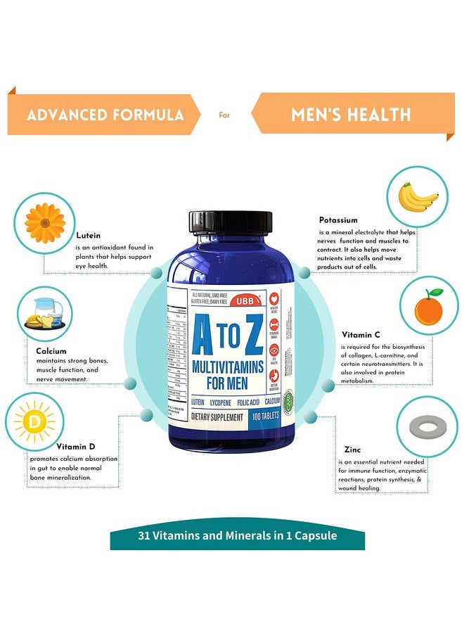 UBB - A To Z Multivitamin And Multimineral Supplement For Men 3 Month Supply Vitamins A C D E K B1 B2 B6 B12 Magnesium Calcium Biotin Potassium Zinc Antioxidants For Heart & Immune Health (100 Count) - Image 1