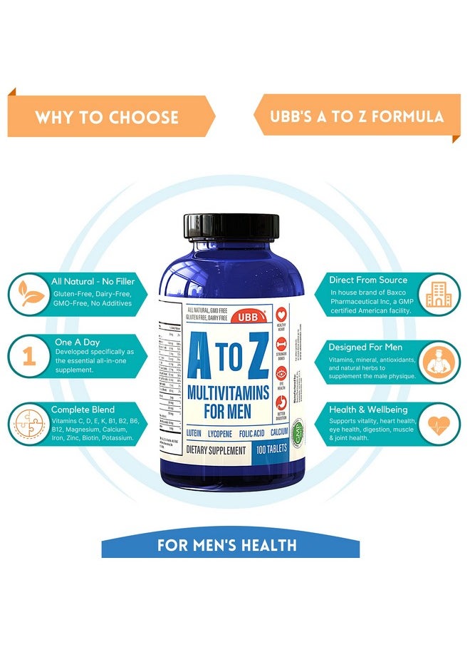 UBB - A To Z Multivitamin And Multimineral Supplement For Men 3 Month Supply Vitamins A C D E K B1 B2 B6 B12 Magnesium Calcium Biotin Potassium Zinc Antioxidants For Heart & Immune Health (100 Count) - Image 1