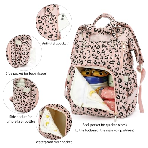 Yusudan Corduroy Diaper Bag Backpack for Baby Girls Boys, Women Large Nappy Bags for Mom (Pink Corduroy Leopard) - Image 4