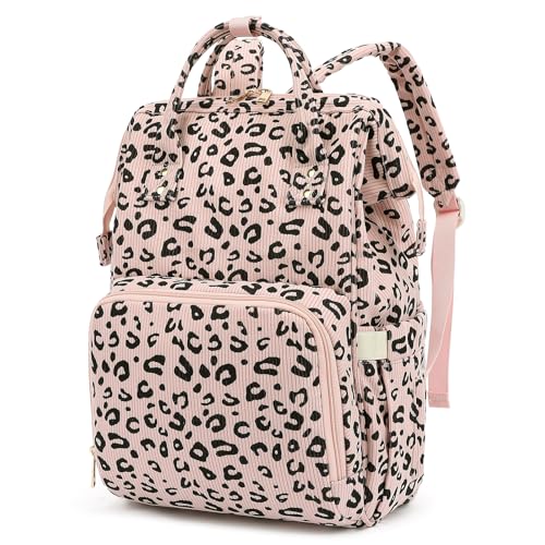 Yusudan Corduroy Diaper Bag Backpack for Baby Girls Boys, Women Large Nappy Bags for Mom (Pink Corduroy Leopard) - Image 1
