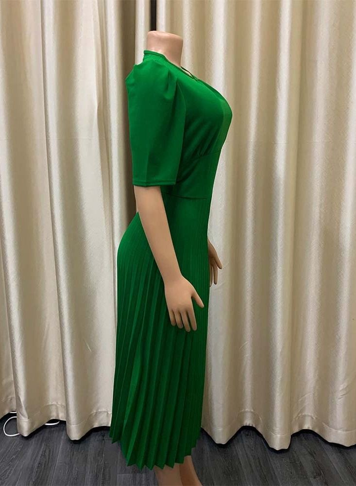 Loquat Women's Large Short Sleeve Pleated Solid Color Dress Green  - Image 3