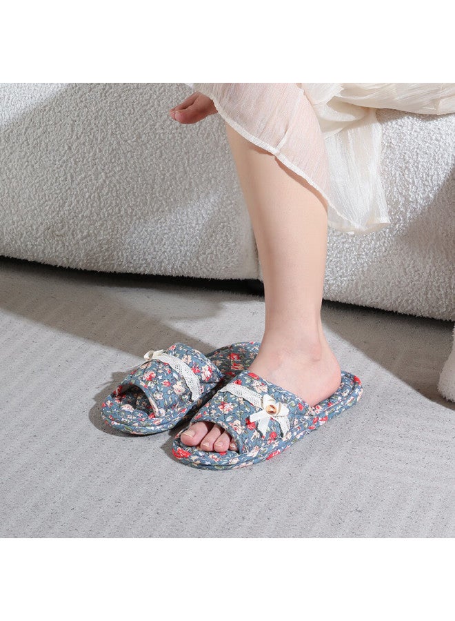 Footoppo Bow Lace Fabric Slippers For Women, Indoor Wooden Floor Silent Home Cotton Slippers, Ladies Bedroom Soft-soled Slippers