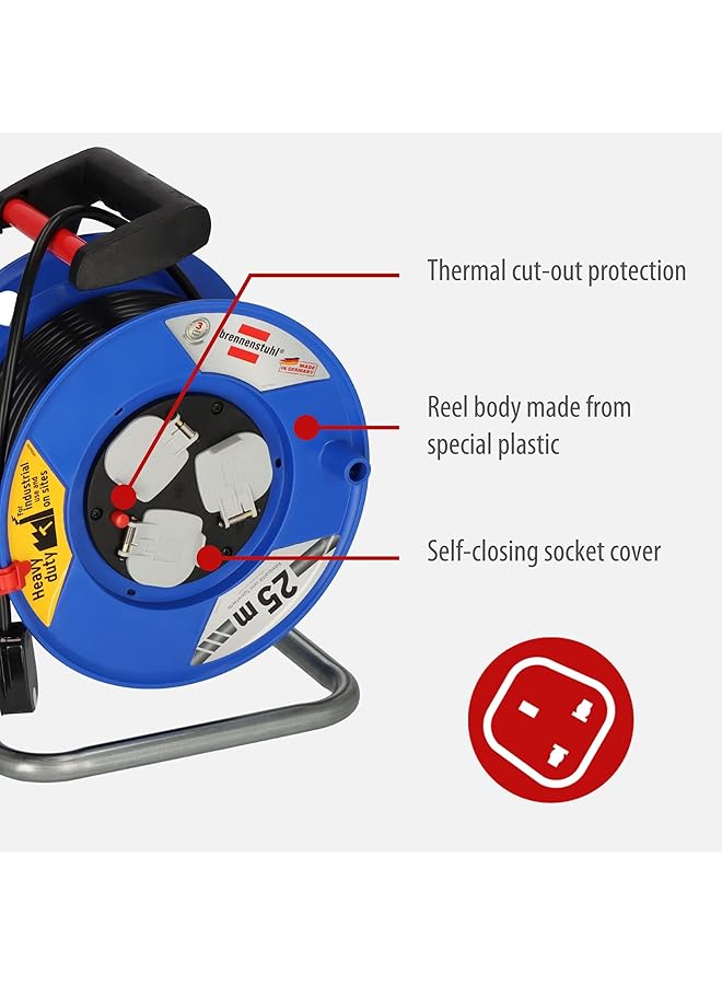 erorex Garant 25 M Cable Reel 3 Way Bs With Steel Tube Frame And Ergonomic Handle Made In Germany  - Image 2