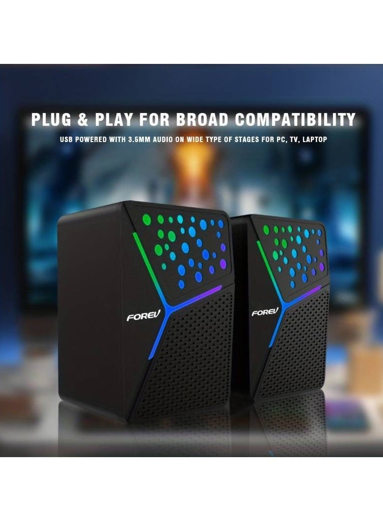 FV-206 RGB Multimedia Speaker 2.0 Channel ,3W*2 Mini Wired Stereo Sound ,For PC / Laptop / Mobile | Black