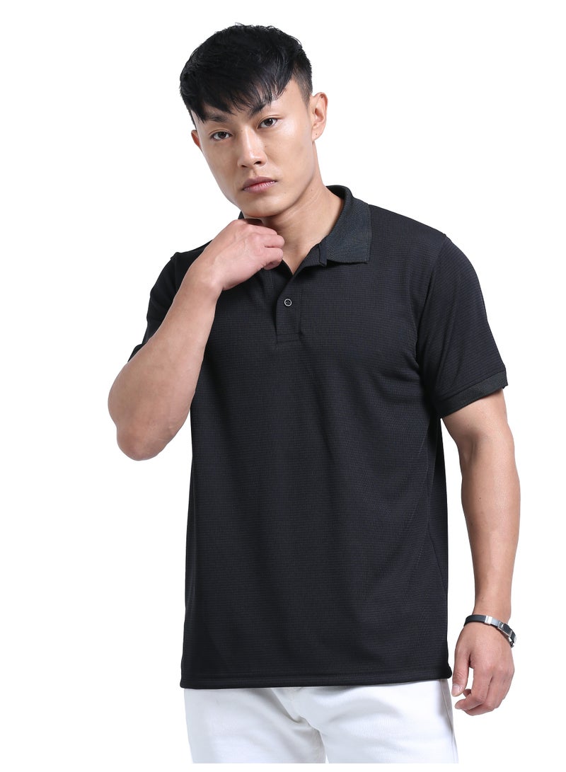 DUJE "Men's Black Polo T-Shirt | Premium Stretchable Lycra | 240 GSM Textured Knit | Smart Fit & Comfort Wear" - Image 1