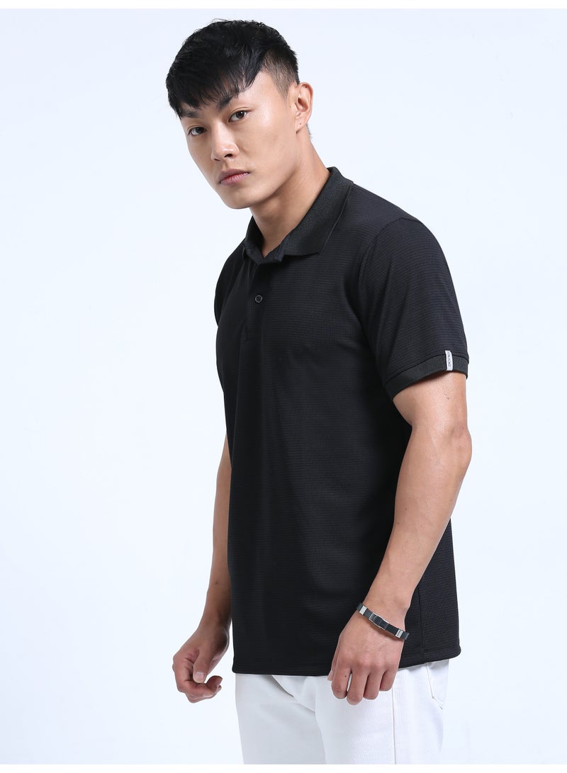 DUJE "Men's Black Polo T-Shirt | Premium Stretchable Lycra | 240 GSM Textured Knit | Smart Fit & Comfort Wear" - Image 3