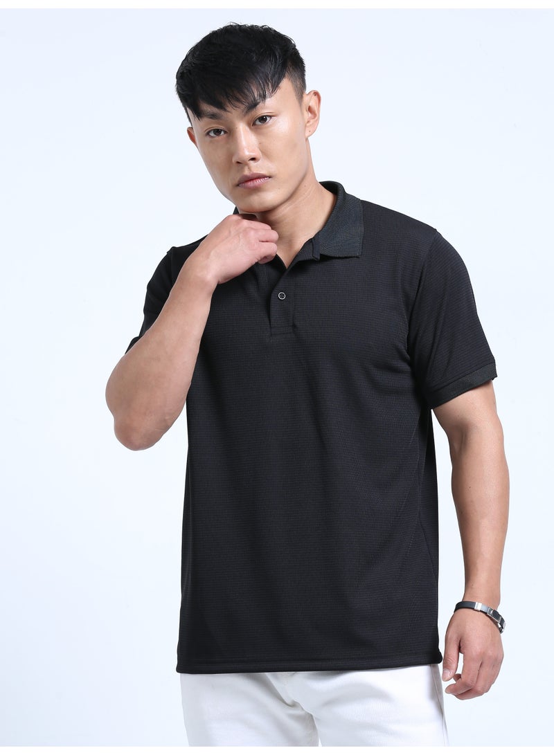 DUJE "Men's Black Polo T-Shirt | Premium Stretchable Lycra | 240 GSM Textured Knit | Smart Fit & Comfort Wear" - Image 2