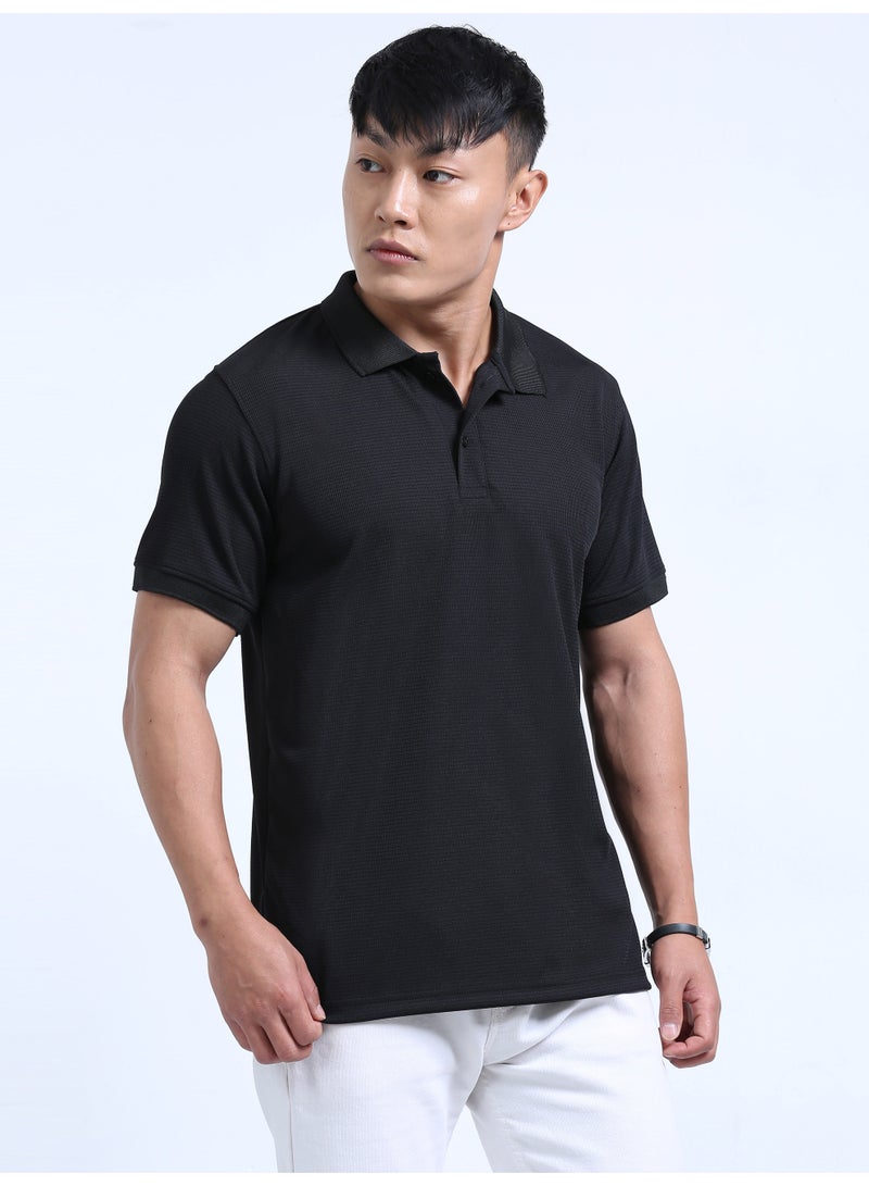 DUJE "Men's Black Polo T-Shirt | Premium Stretchable Lycra | 240 GSM Textured Knit | Smart Fit & Comfort Wear" - Image 4