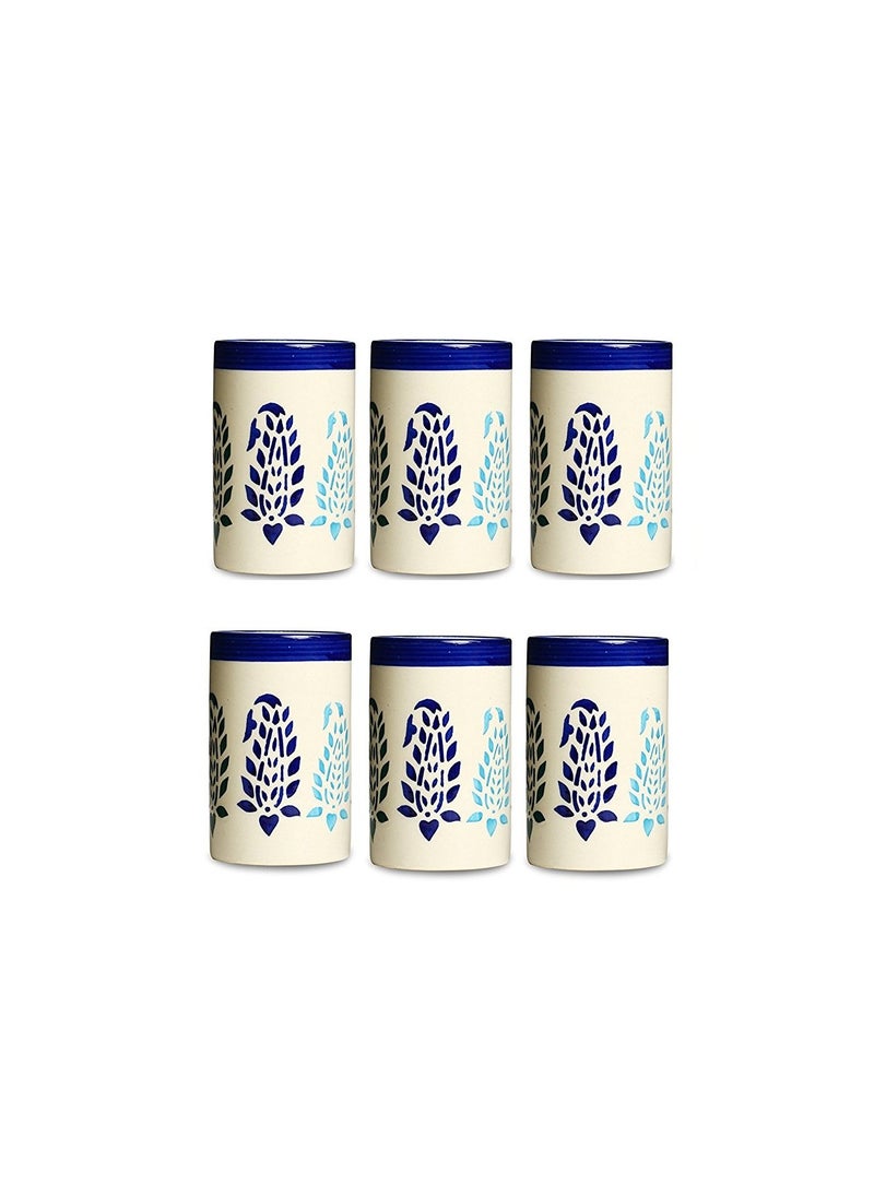Caffeine - Caffeine Ceramic Handmade Blue boota Water Glass(300ml) Set of 6 - Image 1