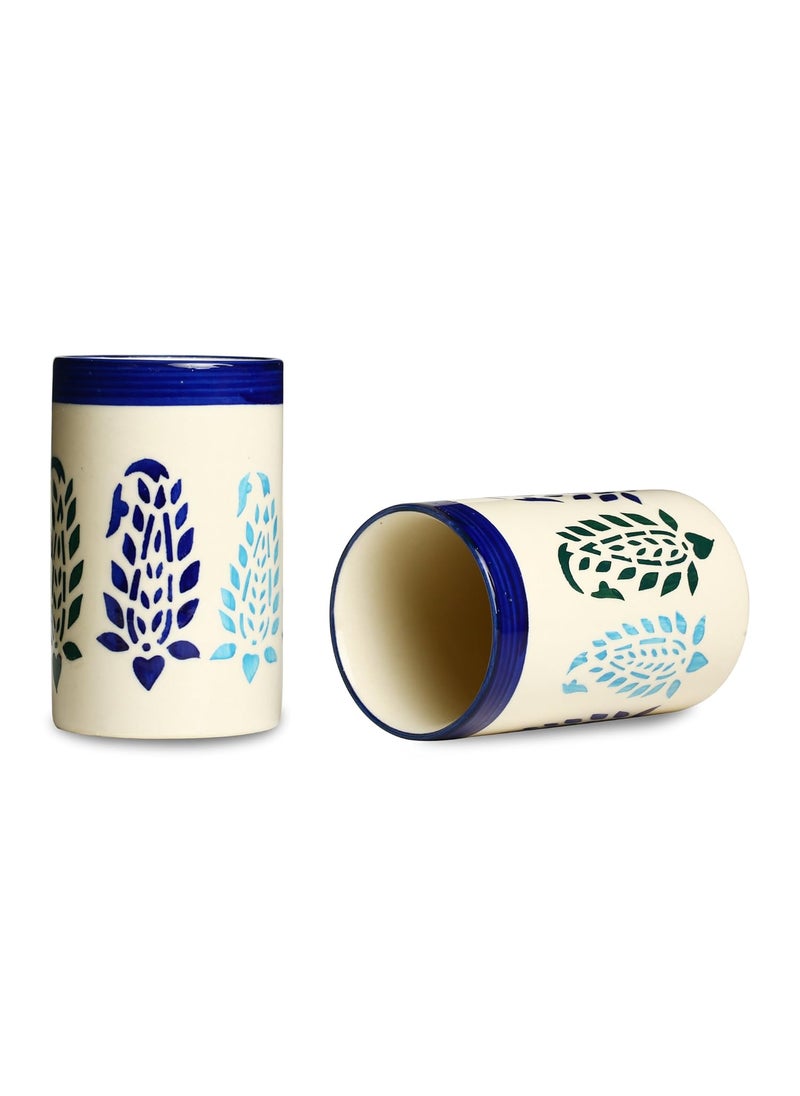 Caffeine - Caffeine Ceramic Handmade Blue boota Water Glass(300ml) Set of 6 - Image 1