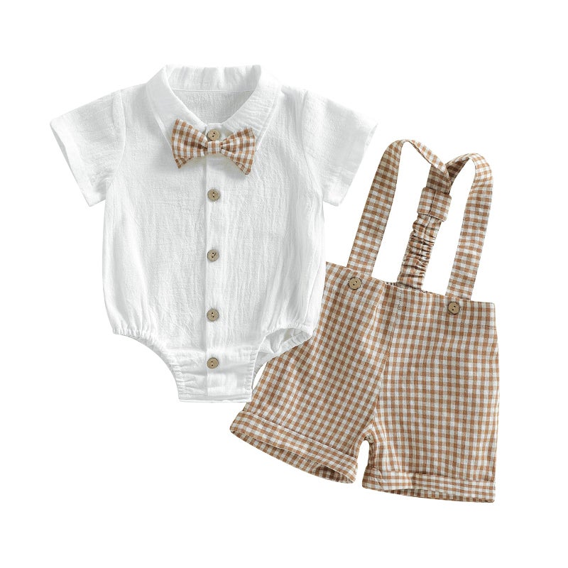 Nibbcoa Baby Boy Clothes Set Infant Bow Tie Button Down Shirt Bodysuit Top Striped/Plaid Shorts 2Pcs Summer Outfit (P-Khaki, 0-3 Months) - Image 1
