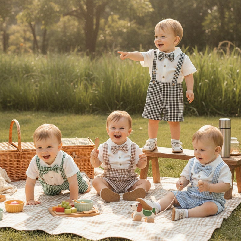 Nibbcoa Baby Boy Clothes Set Infant Bow Tie Button Down Shirt Bodysuit Top Striped/Plaid Shorts 2Pcs Summer Outfit (P-Khaki, 0-3 Months) - Image 4