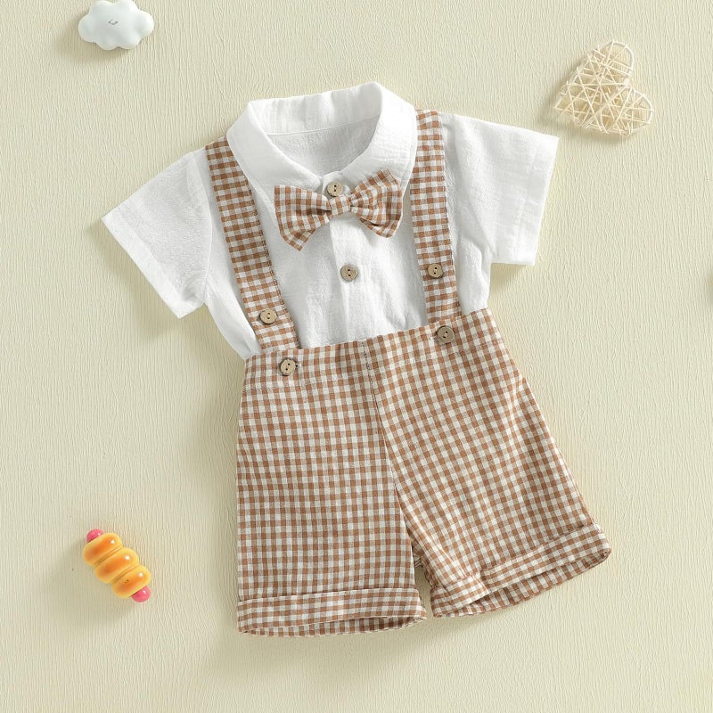 Nibbcoa Baby Boy Clothes Set Infant Bow Tie Button Down Shirt Bodysuit Top Striped/Plaid Shorts 2Pcs Summer Outfit (P-Khaki, 0-3 Months) - Image 5