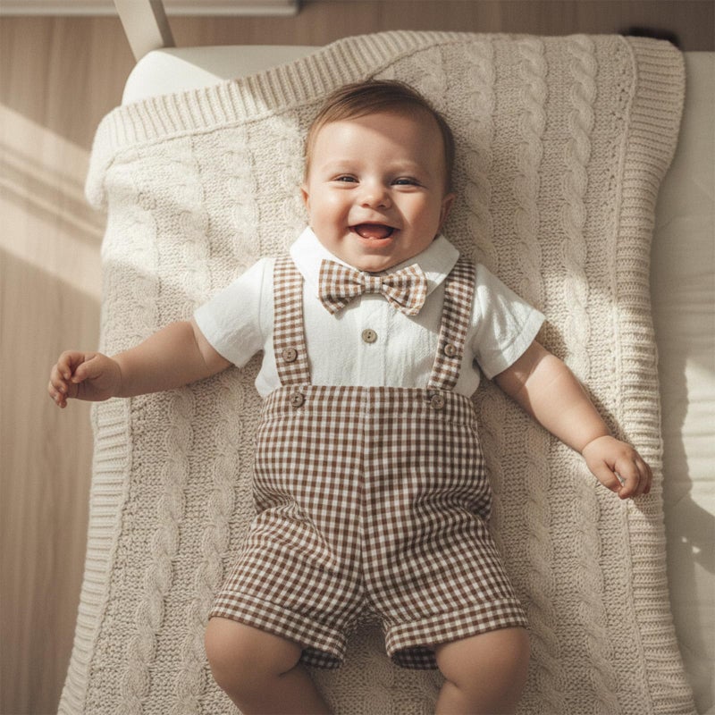 Nibbcoa Baby Boy Clothes Set Infant Bow Tie Button Down Shirt Bodysuit Top Striped/Plaid Shorts 2Pcs Summer Outfit (P-Khaki, 0-3 Months) - Image 2