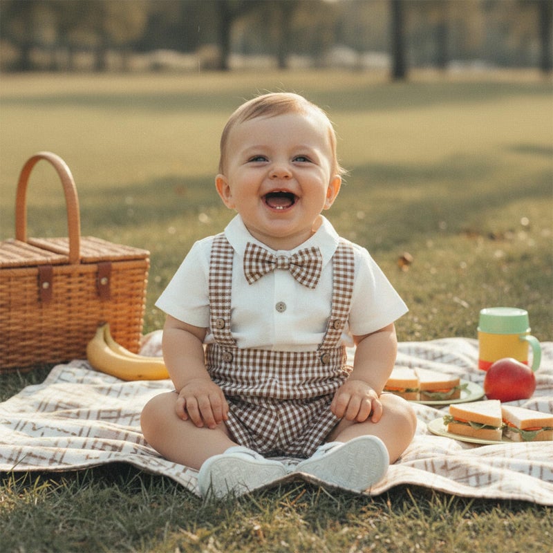 Nibbcoa Baby Boy Clothes Set Infant Bow Tie Button Down Shirt Bodysuit Top Striped/Plaid Shorts 2Pcs Summer Outfit (P-Khaki, 0-3 Months) - Image 3