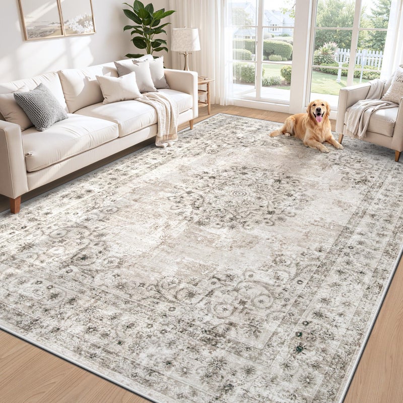 Zomfy Area Rug 6x9 Vintage Rug: Washable Indoor Medallion Rugs Low Pile Distressed Floor Carpet Retro Accent Rug for Living Room Bedroom Kitchen Dining Table Home Office(Distressed Taupe, 6'x9') - Image 1