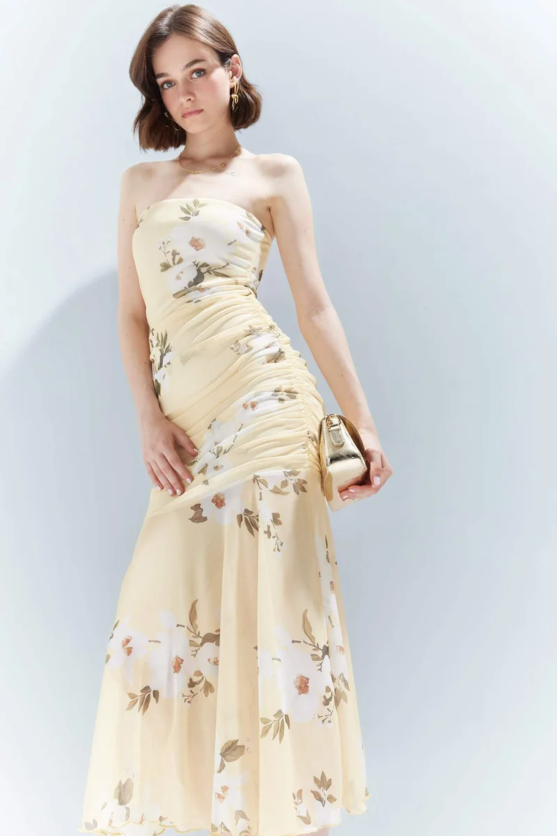 DeFacto Bodycon Strapless Floral Tulle Maxi Dress