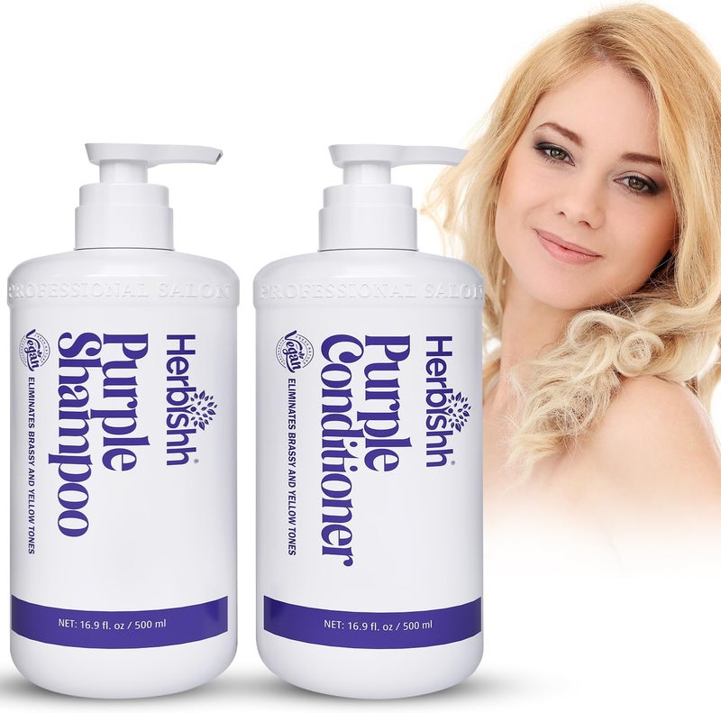 Herbishh Purple Shampoo Conditioner Set Neutralizes Yellow Brassy Tones for Blonde Silver Highlighted Hair Cleansing Nourishing Color Safe Formula Vegan SulfateFree 169 fl oz Each