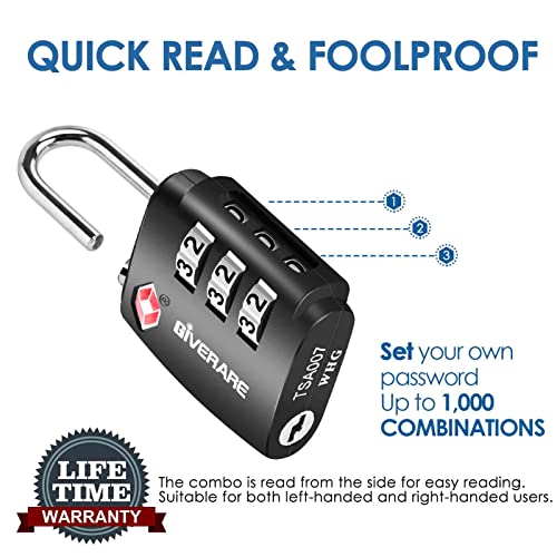 GIVERARE 2 Pack TSA Approved Travel Luggage Locks, Combination Lock Alloy Body, Keyless 3-Digit Padlocks, Travel Sentry Accepted Compatible Padlock for Gym Locker, Golf Bag Case, Backpack, Black-by GIVERARE - Image 4