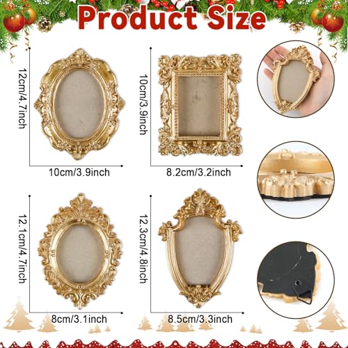 gisgfim 4 Pcs Mini Picture Frames Small Vintage Gold Photo Frames Antique Oval and Rectangle Photo Frame Set for Christmas Wall Tree Home Wedding Gallery Arts Display Decor Antique Style Hanging Ornaments - Image 3