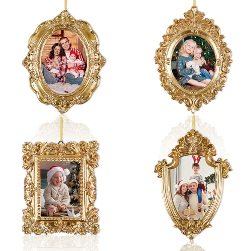 gisgfim 4 Pcs Mini Picture Frames Small Vintage Gold Photo Frames Antique Oval and Rectangle Photo Frame Set for Christmas Wall Tree Home Wedding Gallery Arts Display Decor Antique Style Hanging Ornaments - Image 1