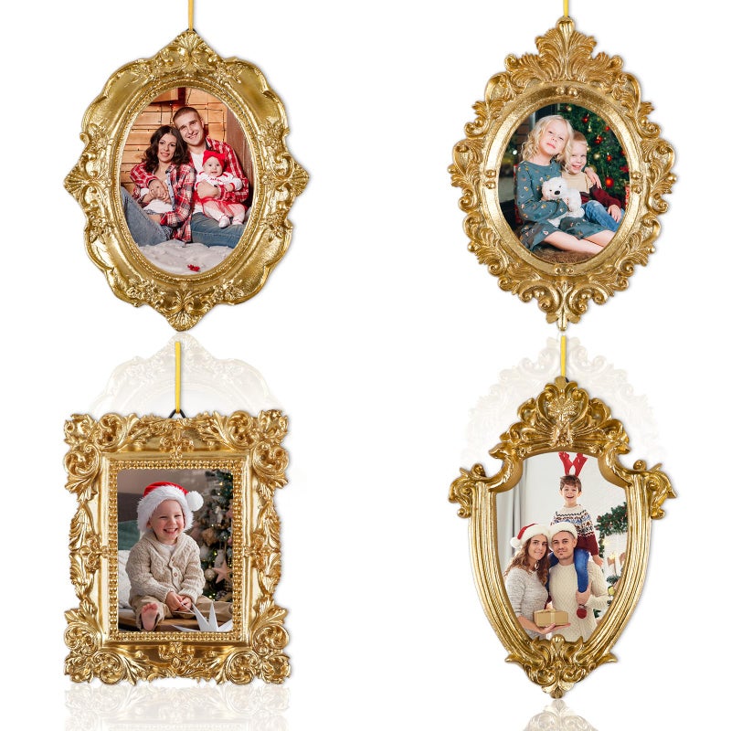 gisgfim 4 Pcs Mini Picture Frames Small Vintage Gold Photo Frames Antique Oval and Rectangle Photo Frame Set for Christmas Wall Tree Home Wedding Gallery Arts Display Decor Antique Style Hanging Ornaments - Image 2