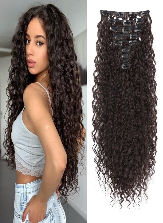 FLUFYMOOZ 9PCS Clip in Hair Extensions 22 Inch Curly Hair Extension Long Soft Synthetic Hairpieces for Women (Dark Reddish Brown) - Image 1