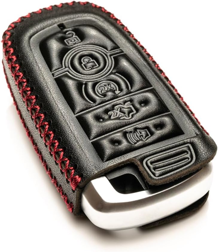 Vitodeco Genuine Leather Smart Key Fob Case Cover Protector Compatible with Lincoln Aviator, Corsair, Nautilus, Navigator (2020-2026 Models) - 5 Buttons, Black/Red - Image 3