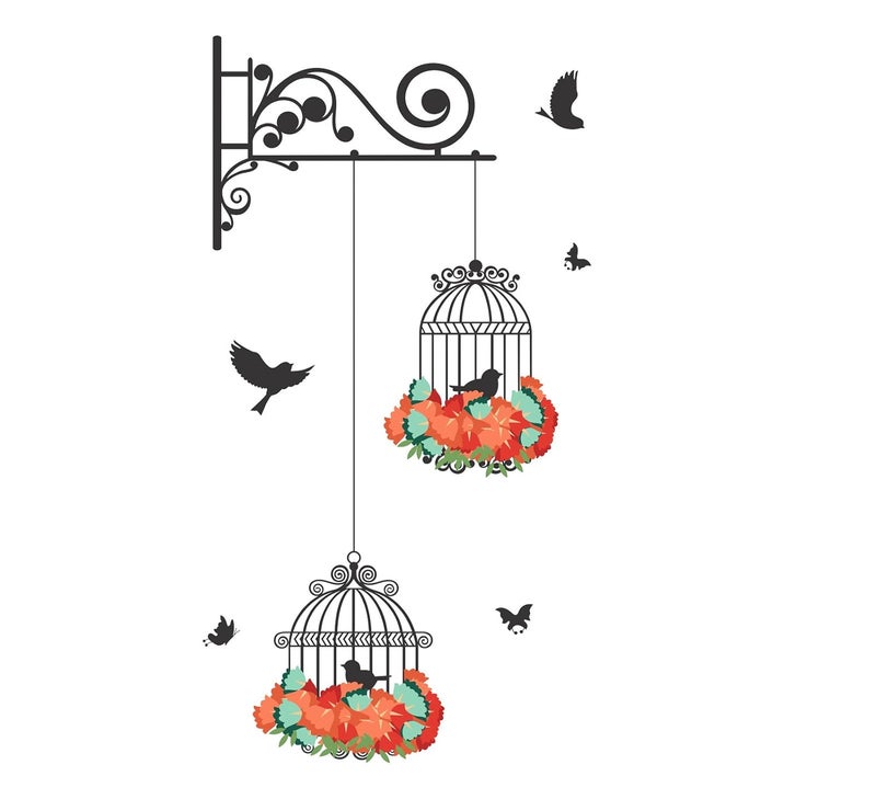 Decals Design 'Hanging Birds Cage with Flowers' Wall Sticker (PVC Vinyl, 50 cm x 70 cm) - Image 1