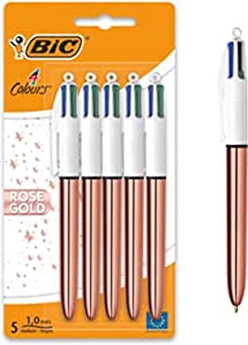 Bic 4 Colours Rose Gold Pen, Multi Coloured Pens All In One, Retractable Ballpoint Pen, Medium 1.0mm, Green, Blue, Red, Black, 5 Pens Per Pack, 1 Pack - Image 1