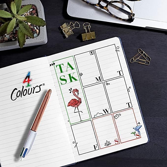 Bic 4 Colours Rose Gold Pen, Multi Coloured Pens All In One, Retractable Ballpoint Pen, Medium 1.0mm, Green, Blue, Red, Black, 5 Pens Per Pack, 1 Pack - Image 2