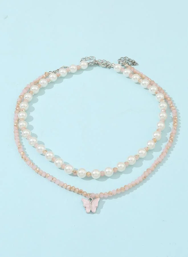 Take Two Pack of 2 - Girls Multi-Color Pearl and Crystal Butterfly Pendant Necklaces