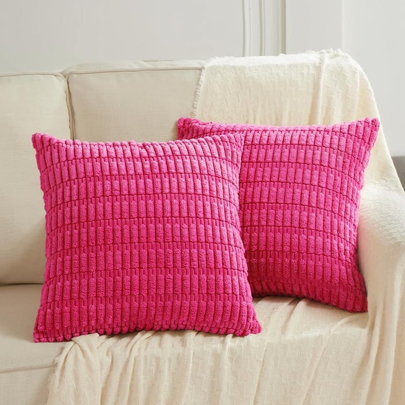Fancy Homi 2 Packs Hot Pink Decorative Throw Pillow Covers 18x18 Inch for Living Room Couch Bed Sofa, Rustic Farmhouse Boho Home Decor, Soft Striped Fuschia Corduroy Square Cushion Case 45x45 cm - Image 1
