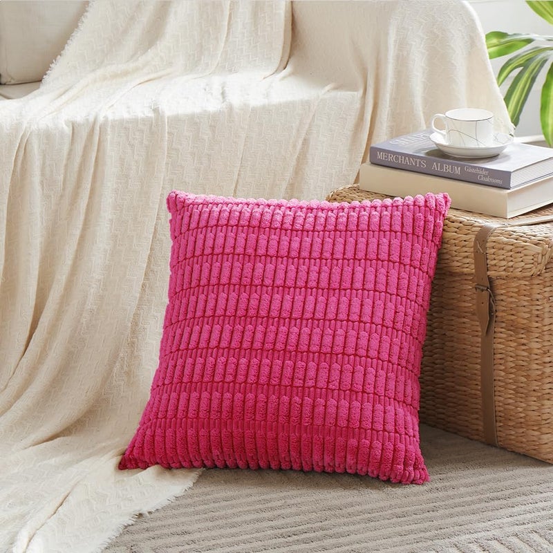 Fancy Homi 2 Packs Hot Pink Decorative Throw Pillow Covers 18x18 Inch for Living Room Couch Bed Sofa, Rustic Farmhouse Boho Home Decor, Soft Striped Fuschia Corduroy Square Cushion Case 45x45 cm - Image 2
